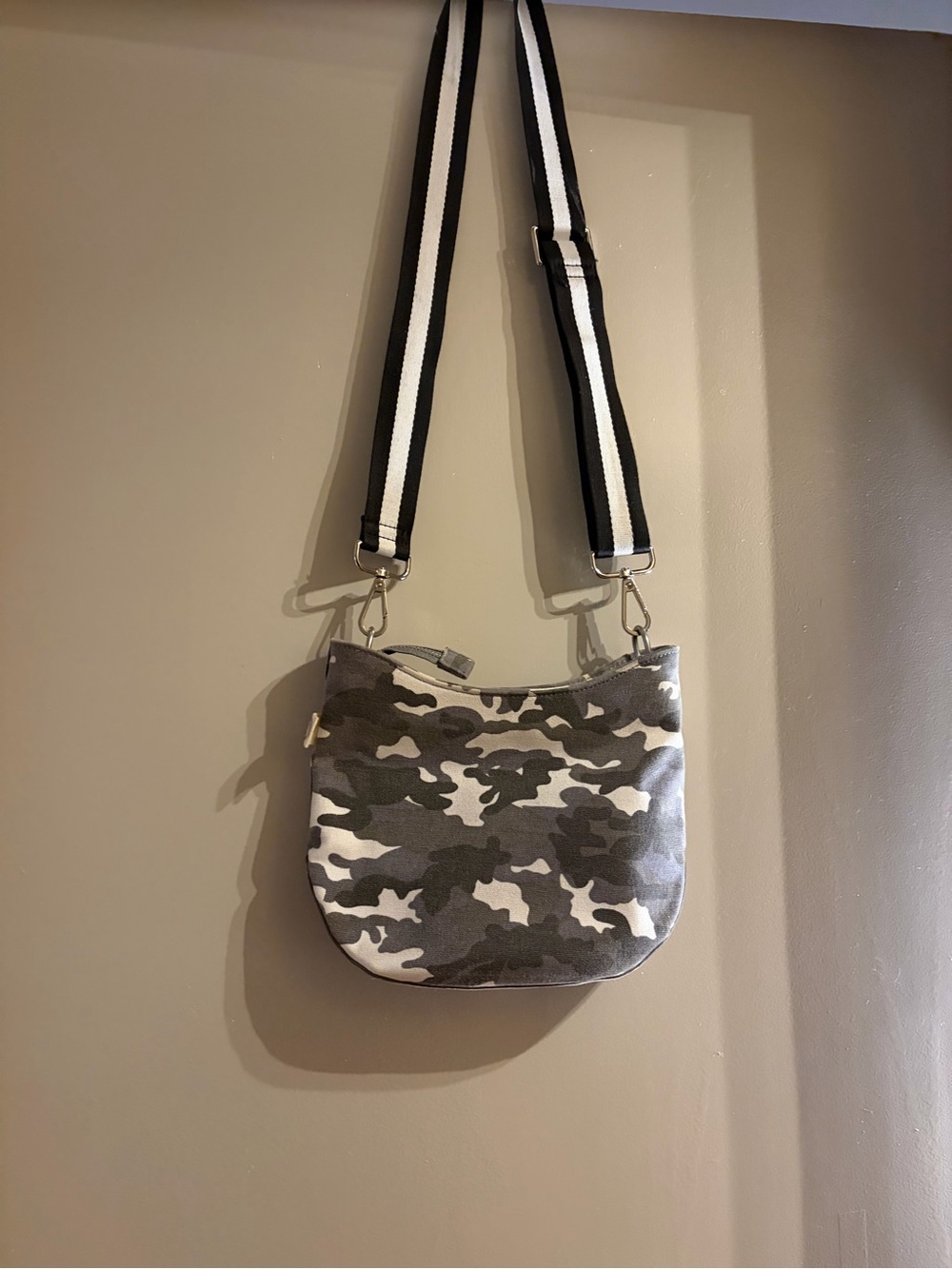 Quilted Koala Canvas Gray Camo Crossbody Bag with Striped Adjustable Strap
